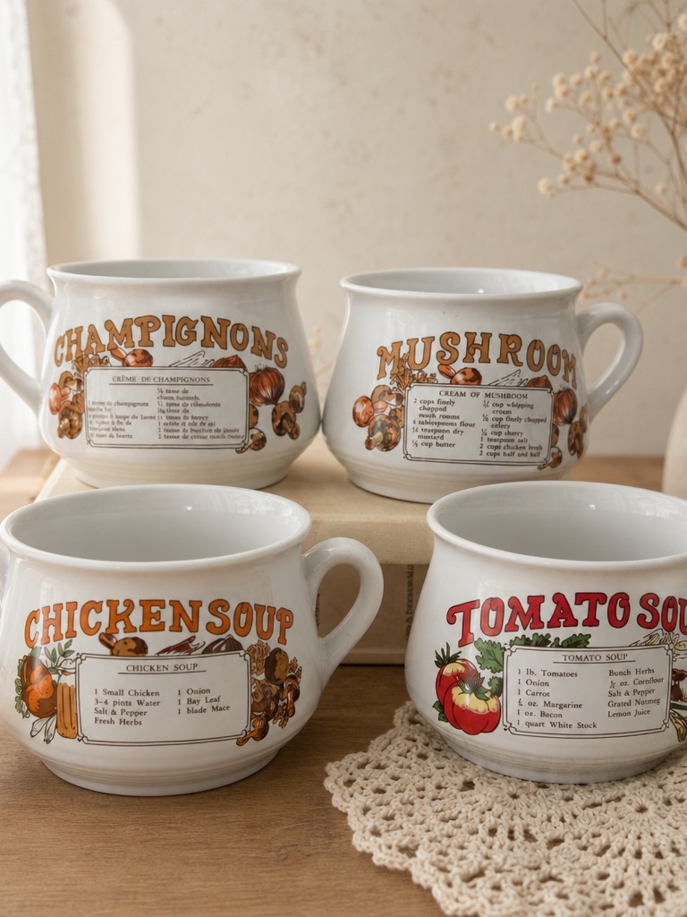 Vintage-Inspired Soup Mug Set - White Ceramic with Retro Food Labels